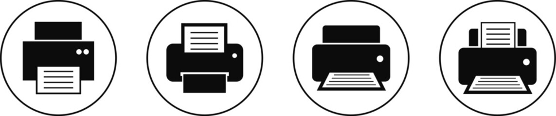 Printer icon set, print device vector collection, modern flat and line outline printer symbols for office, technology, documents, and paper printing, black and white circle button icons pack