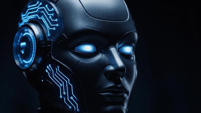 Close-up of a dark, metallic robot head with glowing blue eyes and illuminated circuit patterns