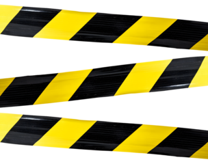 Horizontal strip of black and yellow plastic caution tape caution indicate warning restricted areas isolated on transparent background