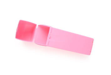 Pink pencil case on white background