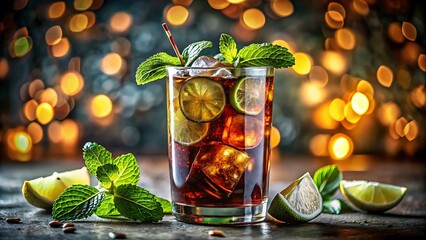 Refreshing dark cocktail with lime and mint illuminated by soft bokeh lights