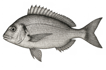 Vintage fish illustration with scales and fins, marine animal drawing for aquaculture, seafood, or ocean life concepts on transparent background