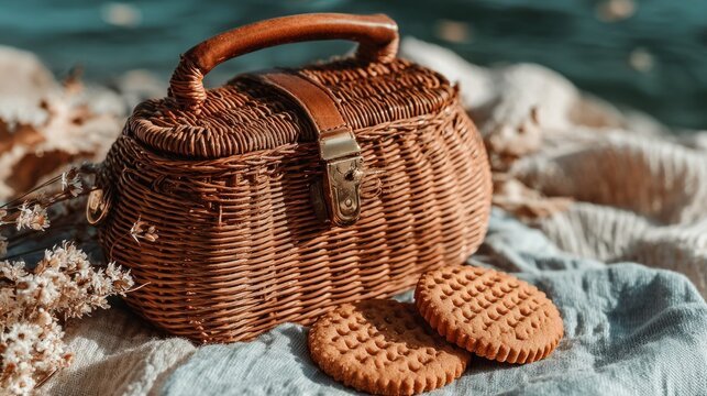 Rustic wicker basket, leather strap, two round cookies on a cozy patterned blanket - Powered by Adobe