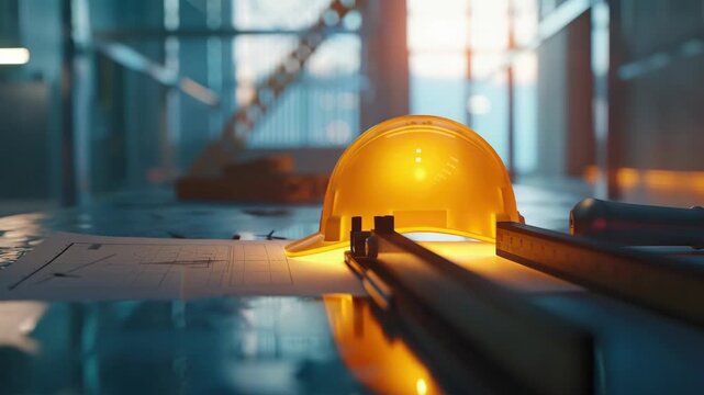 Yellow hardhat, blueprints, construction site, measuring tools, sunlight