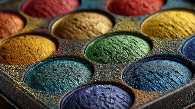 Shimmering multi-color powder palette, vibrant hues in round pans, close-up