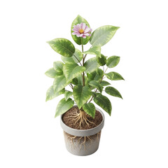 Illustration of a potted plant with green and white leaves and a small pink flower