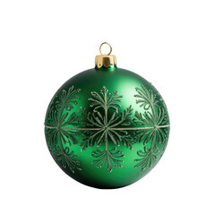 Shiny green Christmas ornament with ornate gold accents and snowflake design