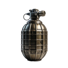 Metallic, spherical military explosive with a top lever, set against black