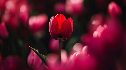 Red tulip blooming among soft pink flowers in dark blurred background