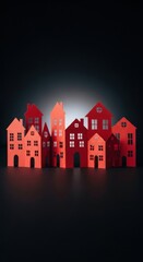 Red paper houses silhouette against soft backlight representing neighborhood community