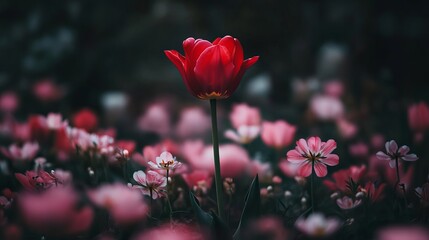 Red tulip blooming among soft pink flowers in dark blurred background