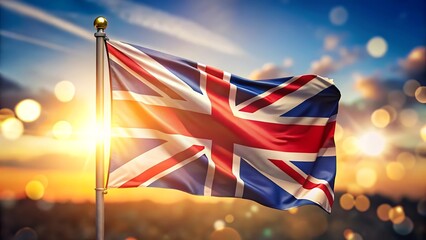 Waving union jack flag against a blurred sunset sky background