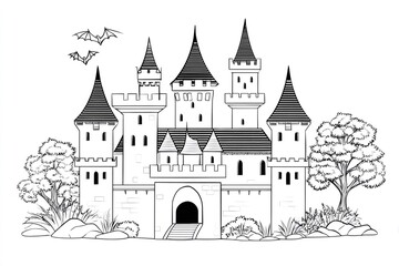 Obraz premium Castle drawing featuring bats for halloween coloring book