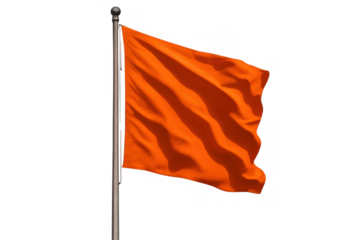 Waving orange flag on flagpole indicating safety, warning, danger, and attention on transparent background