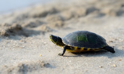 turtle walking slowly on sandy beach