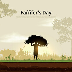 Happy Farmers Day Text with farmer farming silhouette vector illustration for a social media creative post template. © RMAKE
