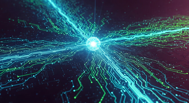 Illuminating technology circuit board pathways with vibrant light streaks, perfect for showcasing high tech innovation and connectivity solutions worldwide
