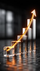 Upward glowing orange arrow on clear glass bar chart, dark background