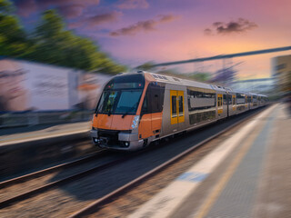 Fototapeta premium Passenger Train going through Summer Hill train station a suburban Sydney train Station NSW Australia