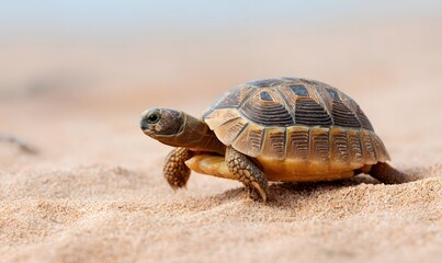 Obraz premium turtle walking slowly on sandy beach