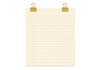 Lined paper sheet with golden binder clips, blank ruled notebook page for notes or messages, transparent background