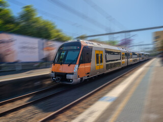 Fototapeta premium Passenger Train going through Summer Hill train station a suburban Sydney train Station NSW Australia
