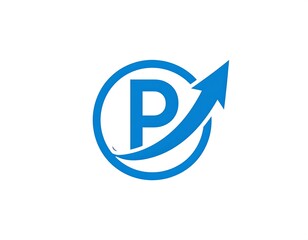 Fototapeta premium A blue uppercase letter inside a circle with a curved arrow pointing upwards, set against a clean white background