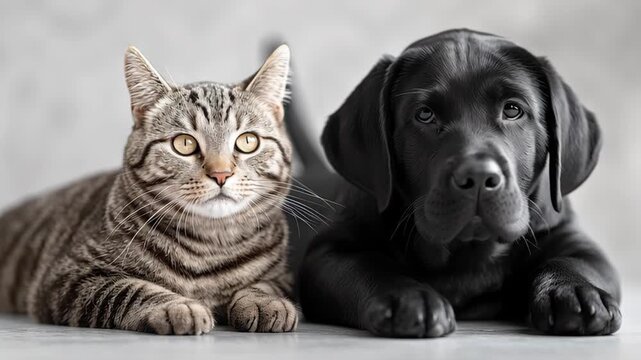 Close-up cat and dog sitting quietly in pure neutral minimalist background, ultra simplified editorial composition, cat and dog minimalist scene