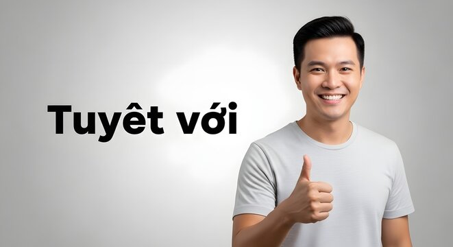 A young man with a friendly smile giving a thumbs-up gesture in front of a plain background with text in a foreign language, conveying positivity and approval