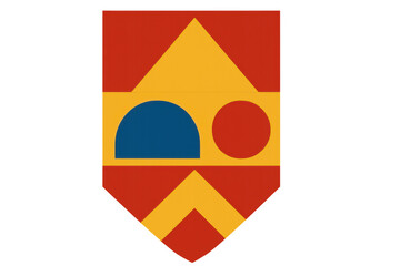 Abstract geometric shield symbol with red, yellow, and blue shapes representing heraldry, protection, and identity