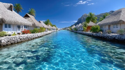 Serene Tropical Resort Lagoon Lined With White Overwater Bungalows Under Bright Sunlight With Lush Green Mountains In The Background And Crystal Clear Turquoise Water