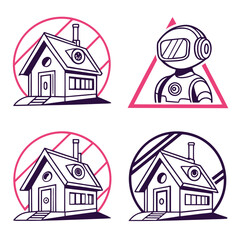 Four futuristic neon geometric icons with houses and robot