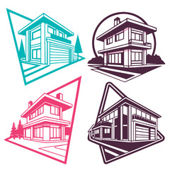 Four geometric house icons in teal pink and purple
