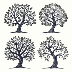 Four ornate vintage style trees dark blue on white