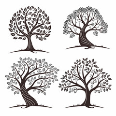 Four ornate dark brown trees with patterned leaves