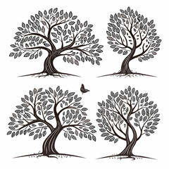 Four ornate vintage style trees with detailed leaves and roots
