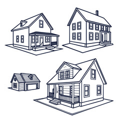 Four outline houses and garage in blueprint style home