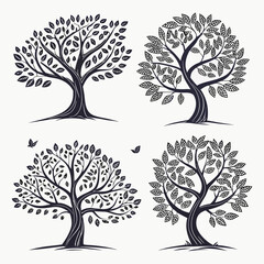 Four ornate vintage style trees with leaves and butterflies