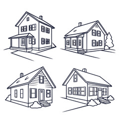 Four outline houses in blueprint style home building