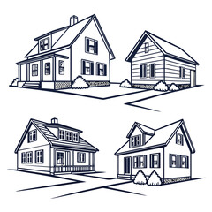 Four outline houses with windows and chimneys home