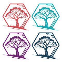 Four stylized trees in hexagonal frames red teal purple navy