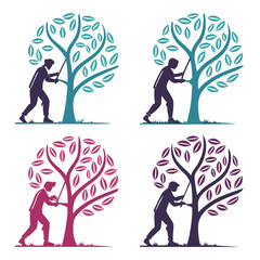 Four stylized trees with people pruning person silhouette