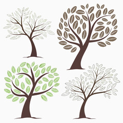 Four stylized trees with brown trunks and green or outlined leaves