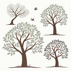 Four stylized trees with birds in flight nature forest