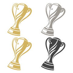 Four trophy icons gold gray black on white award winner