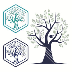 Three stylized trees with leaves and geometric shapes