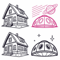 Two houses and two flying saucers vector icons home