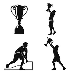 Four black silhouette icons of sports trophies and winners