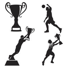Four black silhouette icons of trophies and soccer players