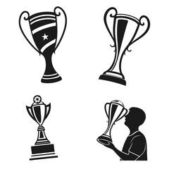 Four black silhouette trophy icons and a person award